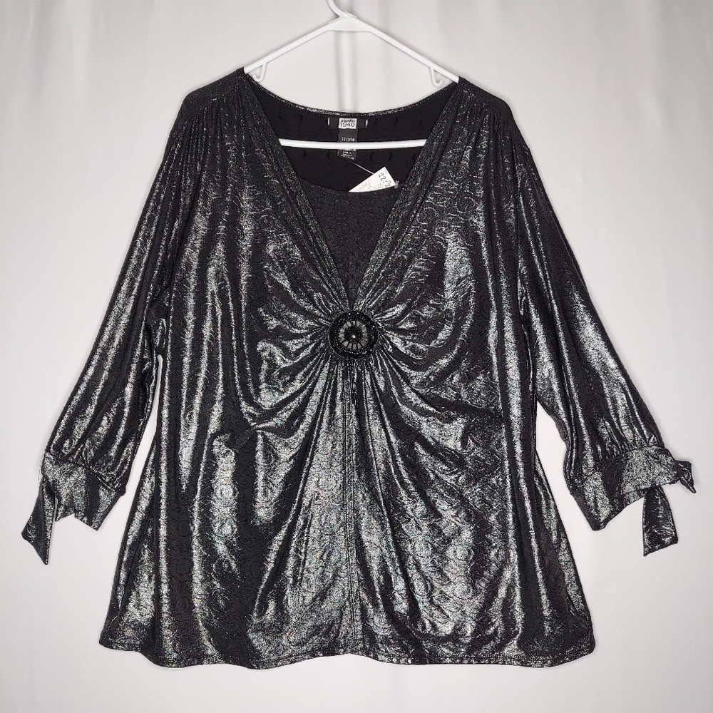 Studio 1940 Top Women 3X Black Metallic V-Neck Medallion Puff Tie Witchy